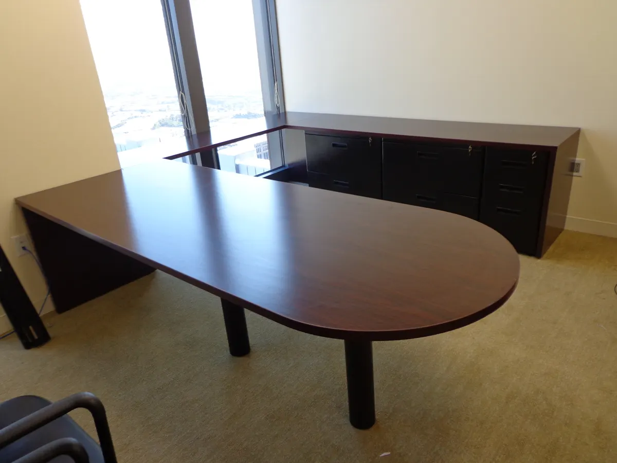 Mahogany peninsula desk with rounded conference end