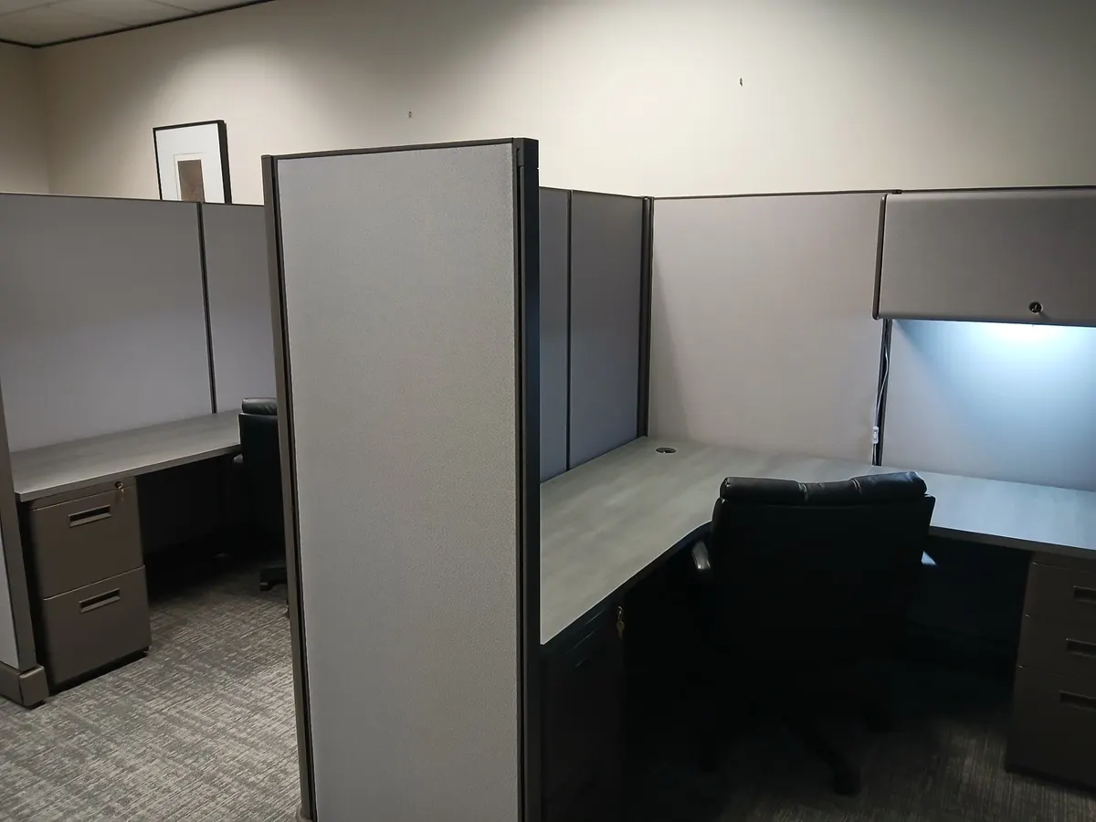 Herman Miller Ethospace workstation with overhead bin and task light